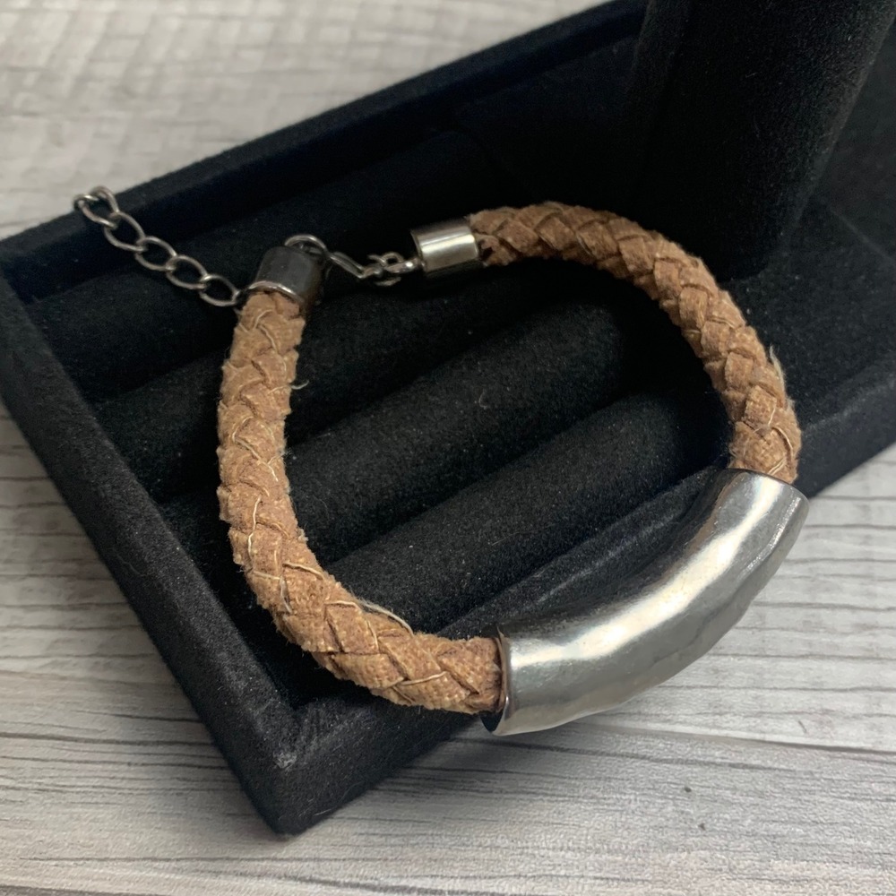 Braided Tan Cord Bracelet Silver Tone Curved Bar Minimalist Boho Adjustable